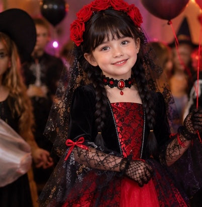 Sukienka Wampirzycy dla Dziewczynki na Halloween – Gotycki Kostium z Koronką i Welonem