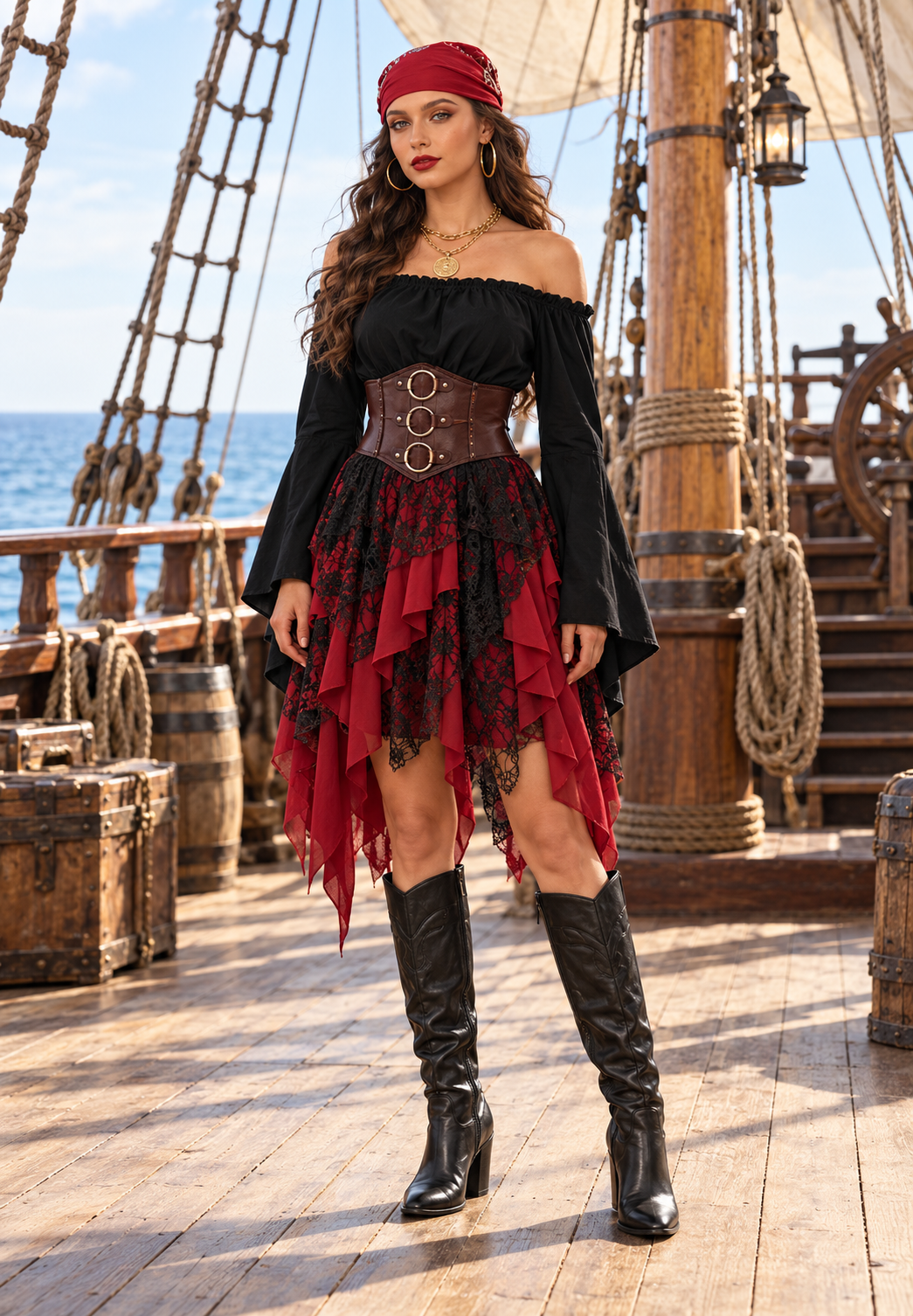 Kostium Piratki Damski – Czarno-Czerwony z Gorsetem | Strój na Halloween