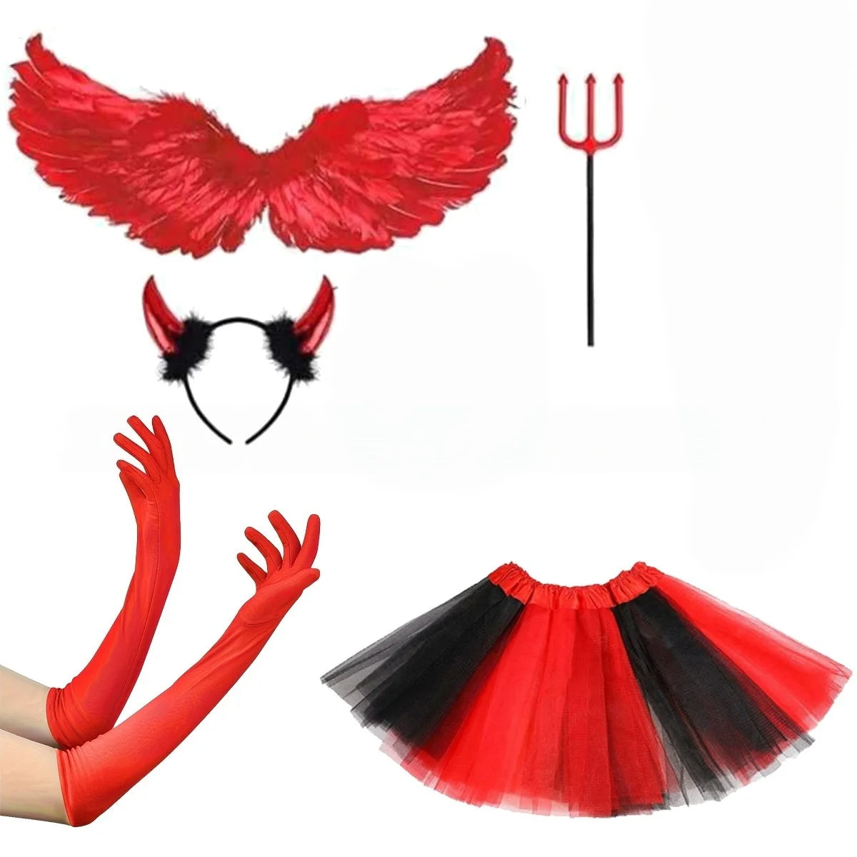 Kostium Diablicy na Halloween – Skrzydła, Rogi, Widły, Rękawiczki i Spódniczka Tutu (5 el.)