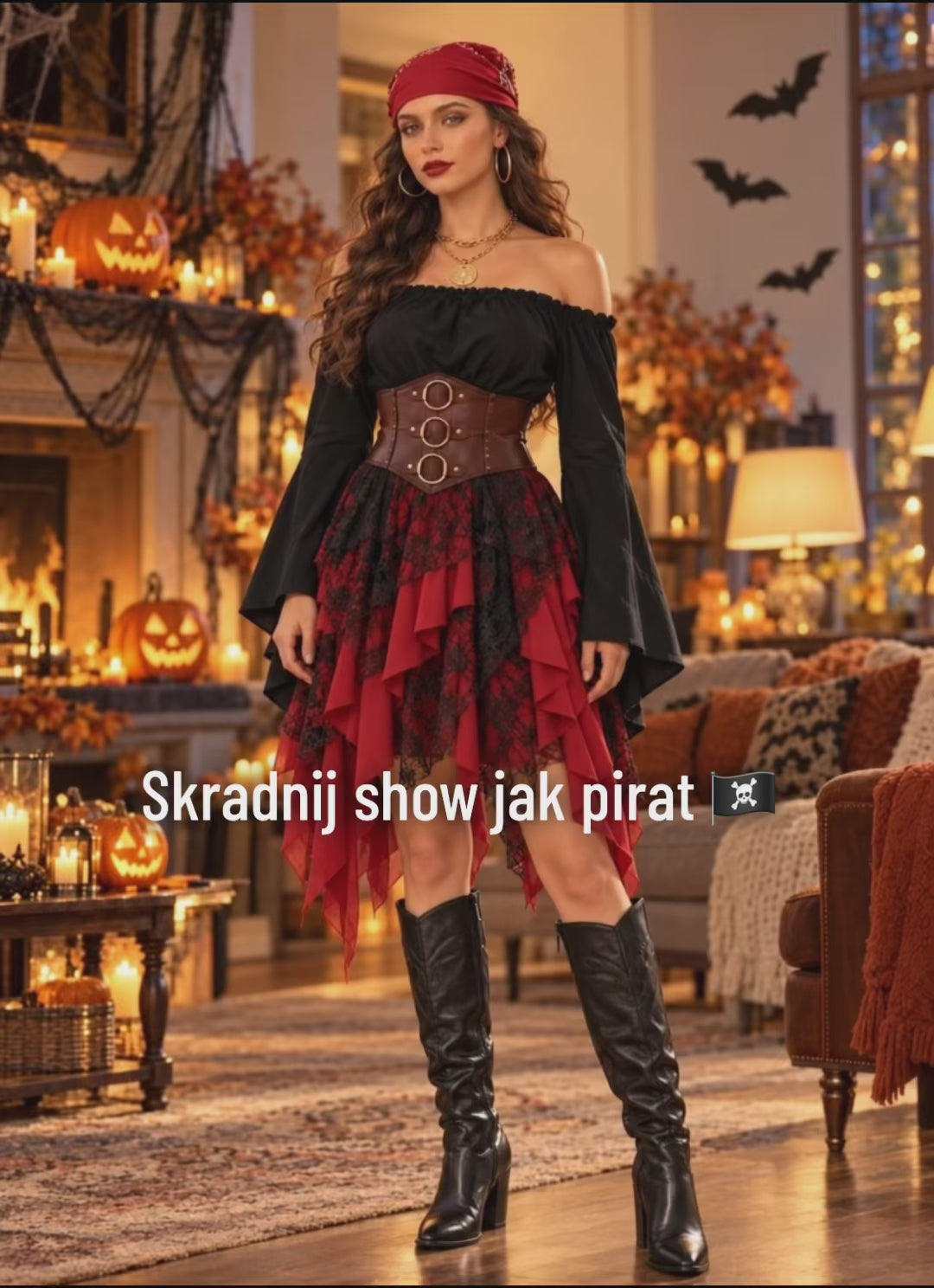Kostium Piratki Damski – Czarno-Czerwony z Gorsetem | Strój na Halloween